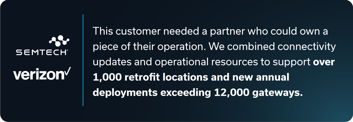 Dark blue banner with Semtech and Verizon logos. Text highlights supporting over 1,000 retrofit locations and 12,000 gateways for a customer.