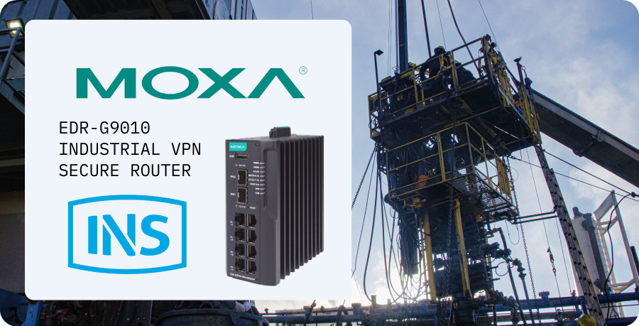 Industrial VPN router promotional image featuring the Moxa EDR-G9010. In the background, an oil rig towers against a cloudy sky, emphasizing robust connectivity.