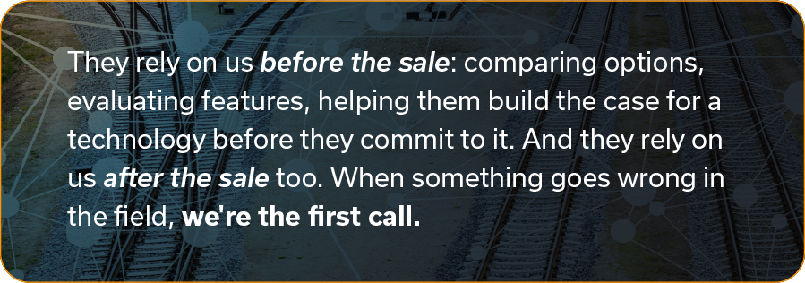 Text overlaid on a background image of intersecting railway tracks. It emphasizes reliability before and after a sale, with "we're the first call" in bold.