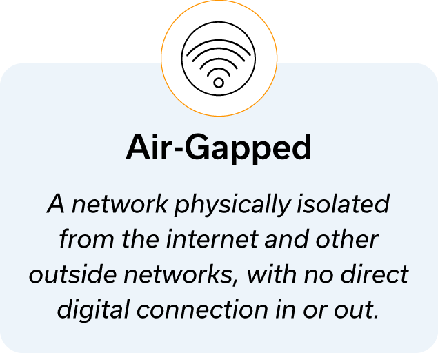 Icon of isolated wireless network sits atop a light blue box with a definition Air-Gapped: A network physically isolated from the internet and other outside networks, with no direct digital connection in or out.