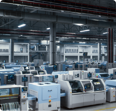 Wide shot of robotics and automation in an large industrial factory, featuring autonomous machines and technology