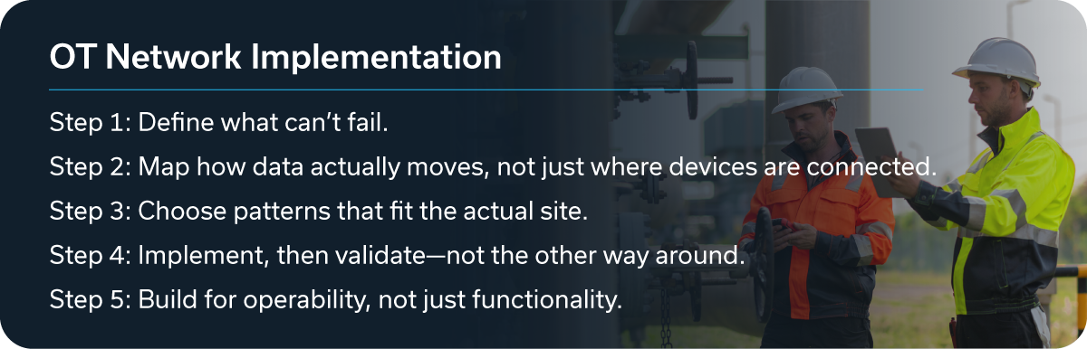 OT Network Implementation guide lists five steps beside two engineers in helmets and safety vests with tablet and phone at an oil and gas site.