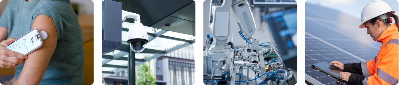 A person checks a wearable device with a smartphone, a security camera outdoors, robotic machinery in a factory, and a worker inspecting solar panels.